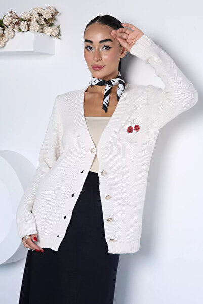 TOZLU Cream Collar Embroidered Knitwear Cardigan