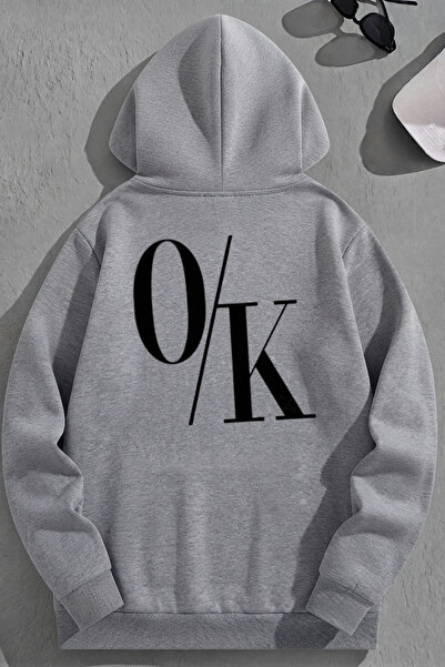 K KOZZ STYLE Unisex 3 Thread Cotton Grey O/K Print Loose Fit Φούτερ με κουκούλα