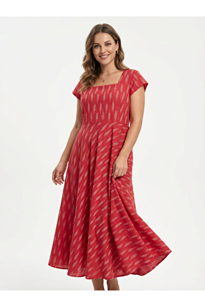 Generic Brand Rochie midi ampla din bumbac Ikat, rosu, marime L