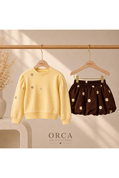 nk kids Kız Çocuk Puantiyeli Balon Etekli 2li Takım Sarı/Kahve (1-4 yaş)