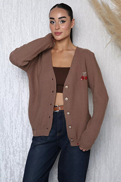TOZLU Mink Collar Embroidered Knitwear Cardigan