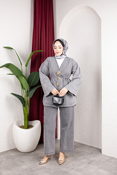 Colomer Women's Gold Brooch Detailled Denim Kimono Set