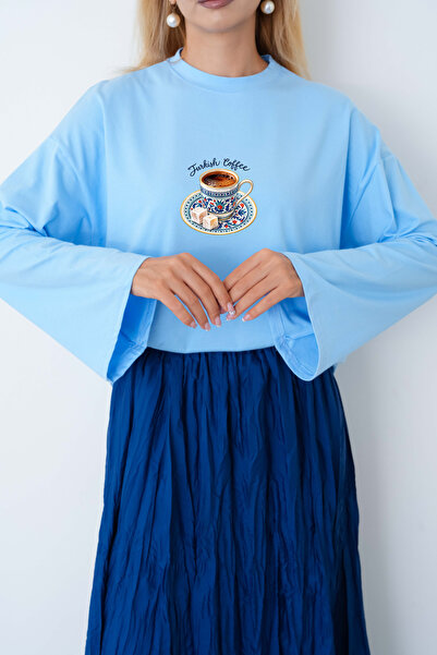 herkesemoda Coffee Cup Printed Wide Sleeve Oversize Body
