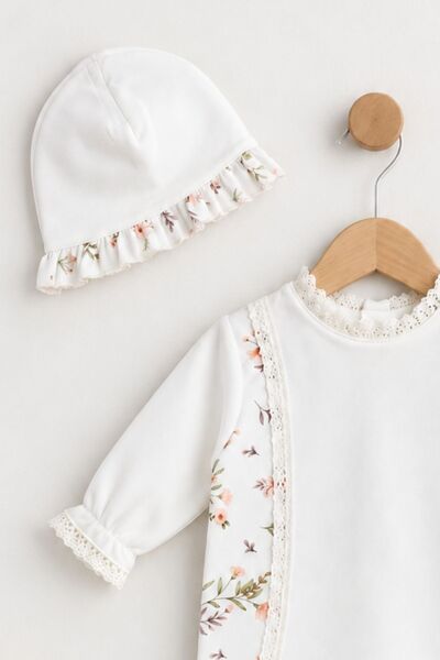 Minytrendy Baby Girl Newborn Jumpsuit with Floral Pattern, Bandana and Bonnet, 3-Piece Mevlüt Outfit, Baby Gift