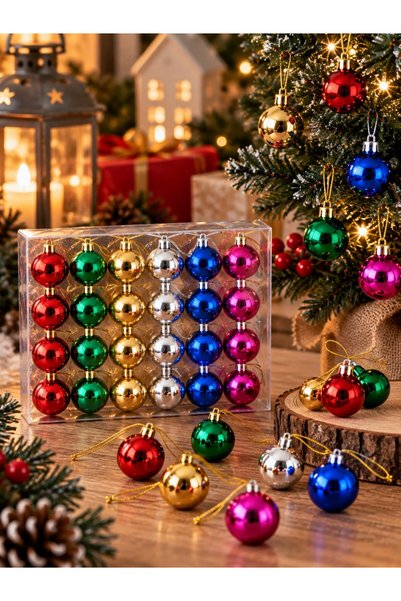 BiTon Toptan Mini Christmas Tree Decoration Ball 3 cm Set of 24 Colorful Christmas Tree Pine Ornaments