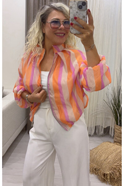 Dila Butik Renkli Çizgili Fermuarlı Ceket