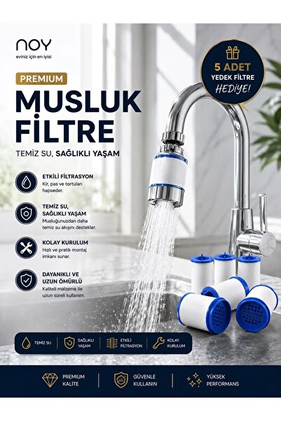 NOY Filtreli Musluk Başlığı — Su Arıtıcı ve Kireç Önleyici - 5 yedek PP filtre