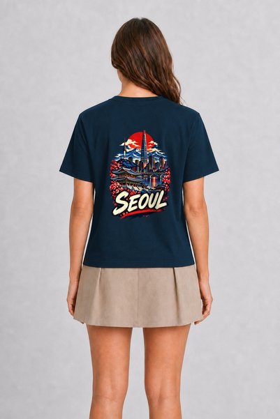 WAKHA Seoul Printed Engraved T-Shirt - Back Print - Navy Blue