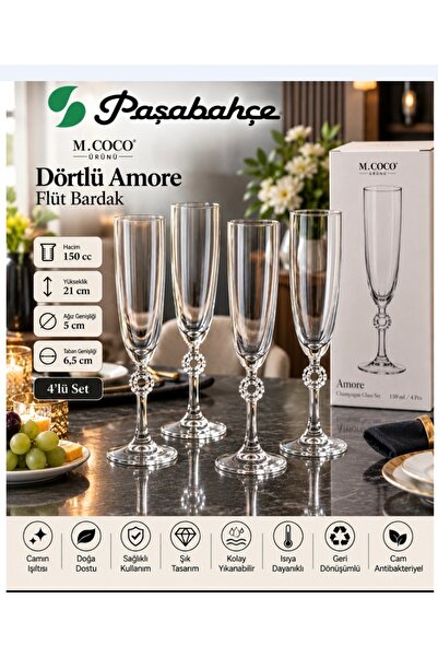 Paşabahçe amöre flüt bardk 4 LÜ 150 cc 212 cm boyu 5 cm ağzı 6.5 cm taban M. ...