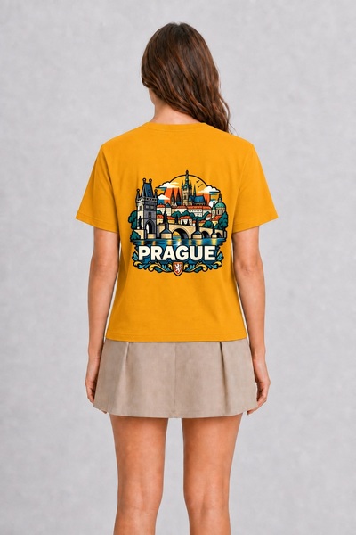 WAKHA Prague City Silhouette Printed Unisex T-Shirt - Back Print - Yellow