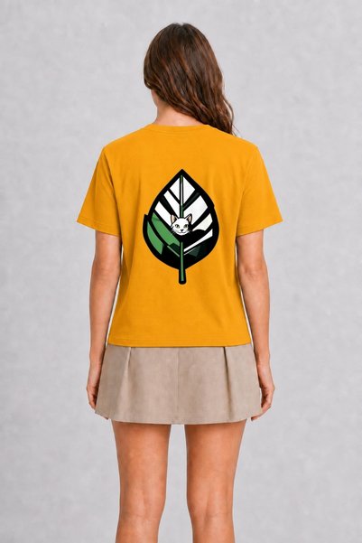 WAKHA Modern Cat and Leaf Graphic Print - Back Print T-Shirt - Yellow
