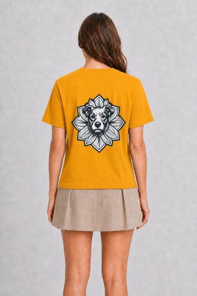 WAKHA Tattoo Style Curious Dog - Back Print T-Shirt - Yellow