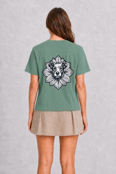 WAKHA Tattoo Style Curious Dog - Back Print T-Shirt - Green