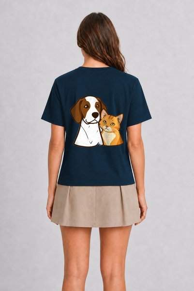 WAKHA Curious Cat and Dog Minimalist Illustration - Back Print T-Shirt - Navy...