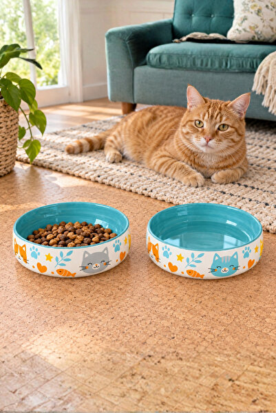 Pawicci Kedi Köpek Mama ve Su Kabı Porselen Kase 600 ml İkili Seramik Set Des...