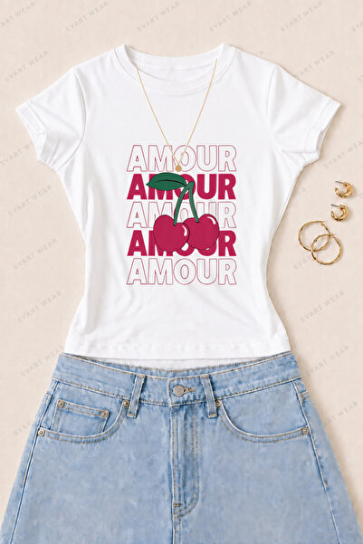 SVART WEAR Tricou de damă Amour Cherry din bumbac imprimat cu lycra, cu croia...