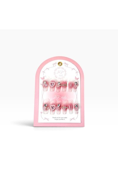 GENRE 99- Gig Nails 3D Pink Transparent Rose Flower Crystal Heart False Nails with Glue Nail Care