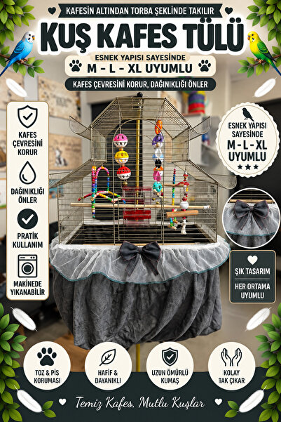 Petshop Esnek Kuş Kafes Tülü – M-L-XL Uyumlu, Etrafa Yem ve Tüy Saçılmasını Ö...