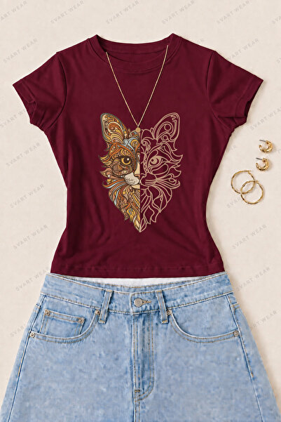SVART WEAR تي شيرت نسائي ضيق من القطن الليكرا مطبوع عليه Mandala Cat - أحمر داكن