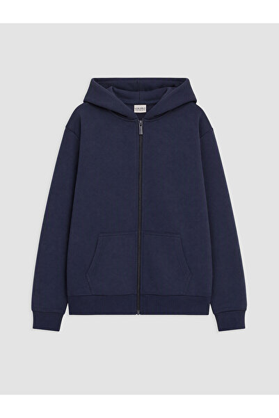 LC Waikiki Lacivert Kapüşonlu Kalın Kız Çocuk Fermuarlı Sweatshirt
