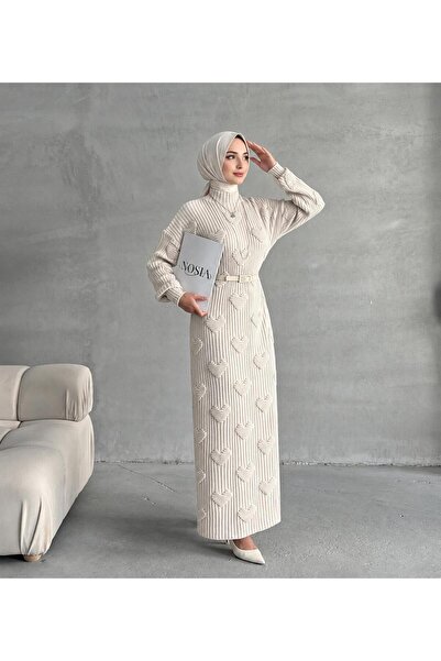 nosia fashion Nosia Kalp Desenli Uzun Tesettür Triko Elbise