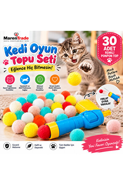 Genel Markalar 30 Adet Renkli Ponpon Kedi Oyuncağı Seti + Fırlatma Aparatı | ...
