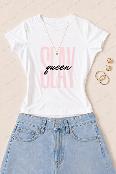 SVART WEAR Γυναικείο μπλουζάκι Slay Queen με στάμπα από βαμβάκι Lycra - Λευκό