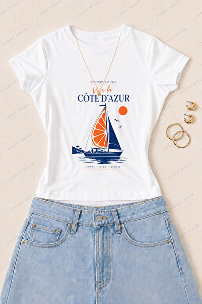 SVART WEAR Tricou de damă Côte d'Azur cu imprimeu cu veliere, din bumbac și l...
