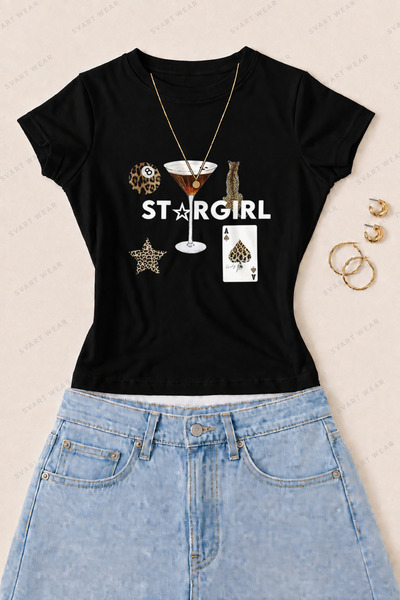 SVART WEAR Women's Stargirl Collage Printed Cotton Lycra Slim Fit Body T-Shir...