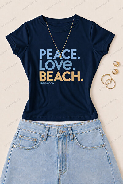 SVART WEAR تي شيرت نسائي ضيق من القطن الليكرا مطبوع عليه Peace Love Beach - أ...