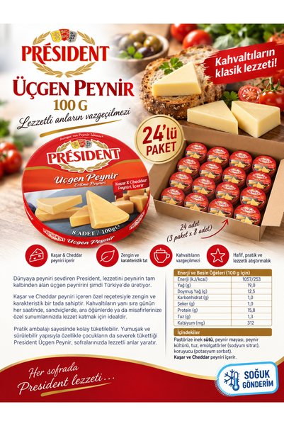 President ÜÇGEN PEYNİR CHEDDARLI 100 GRx24 adet