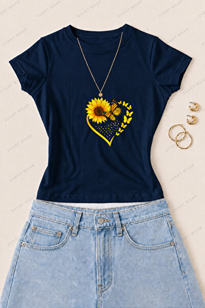 SVART WEAR تي شيرت نسائي ضيق من القطن الليكرا مطبوع عليه زهرة الشمس والفراشة ...