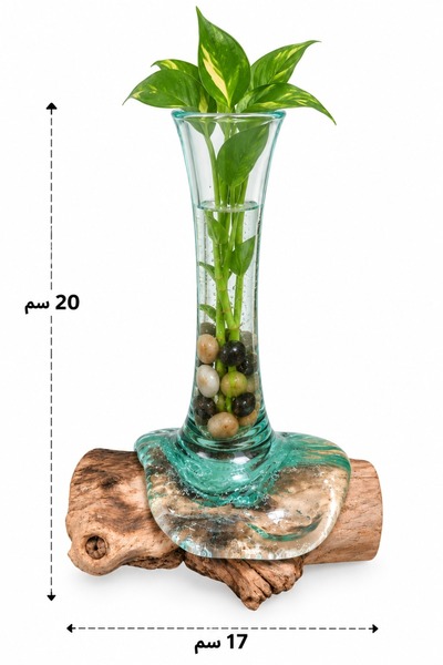 Generic فازة زجاجية فنية بقاعدة خشب - مزهرية ديكور طويلة بتصميم مميز