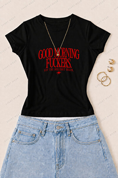 SVART WEAR Γυναικείο μπλουζάκι με στάμπα Good Morning Slogan από βαμβάκι Lycr...