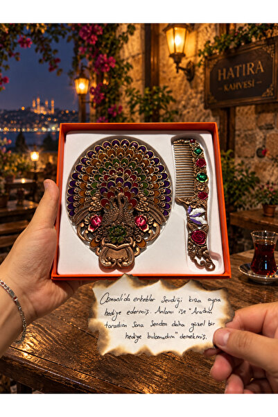Home Mineli Tavus Kuşu El Aynası ve Tarak Seti Çiçek Detaylı Vintage Hediyelik