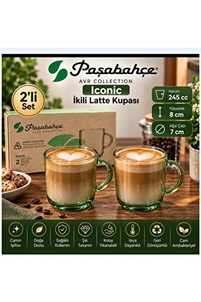 Paşabahçe yeşil renk ICONIC 2 li kupa Latte çay kupası 245 cc hacim 8 cm boyu...