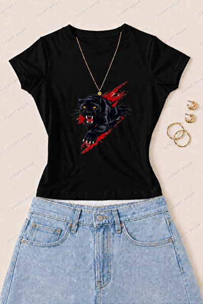 SVART WEAR Γυναικείο μπλουζάκι με στάμπα Black Panther από βαμβάκι Lycra - Μαύρο