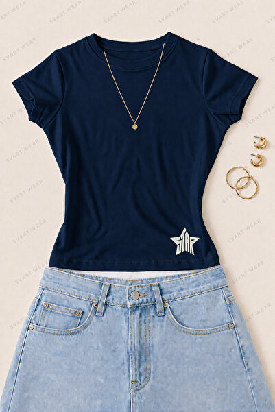 SVART WEAR تي شيرت نسائي ضيق من القطن الليكرا مطبوع عليه نجمة - أزرق داكن