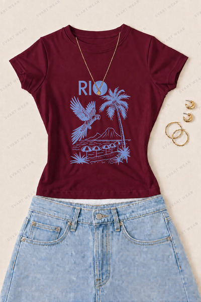 SVART WEAR Tricou de damă din bumbac Lycra cu imprimeu Rio Parrot și Palm Tre...