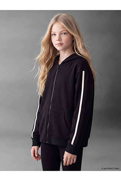 LC Waikiki Lcw Kids Black Hooded Girls' Zippered Sweatshirt with Nevavm Diffe...