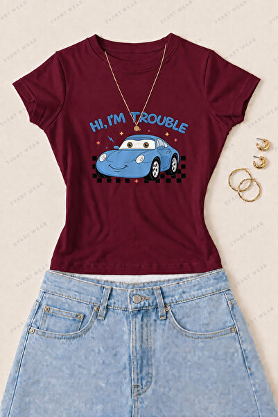 SVART WEAR تي شيرت نسائي ضيق من القطن والليكرا مطبوع عليه عبارة "I'm Trouble ...