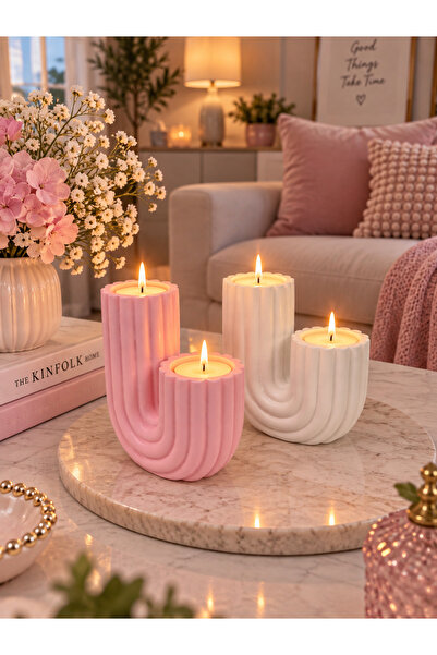 BUBUHOMEDECOR Pembe - Beyaz Kaktüs Dekoratif Mumluk 2li Set