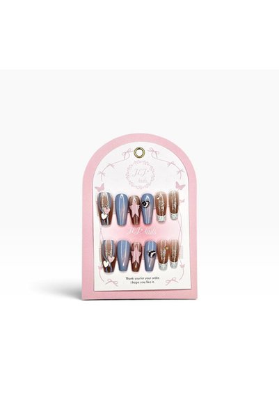 GENRE 167- Gig Nails 3D Blue Grey Heart Star False Nails with Glue and Nail Care