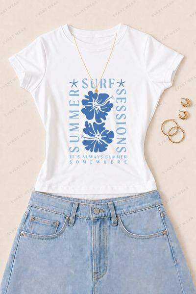 SVART WEAR Γυναικείο μπλουζάκι Summer Surf Session με στάμπα από βαμβάκι Lycr...