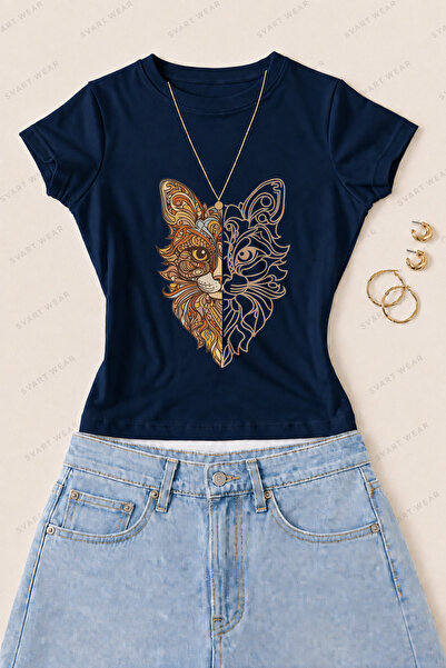 SVART WEAR تي شيرت نسائي ضيق من القطن الليكرا مطبوع عليه Mandala Cat - أزرق داكن