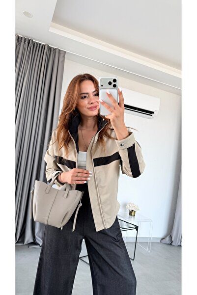 pelin yıldız butik Taş Rengi Norwich Şerit Detaylı Dik Yaka Ceket