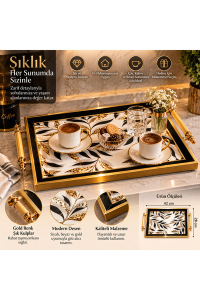 Genel Markalar Gold Kenarlı Dekoratif Sunum Tepsisi – Şık ve Modern Servis Te...