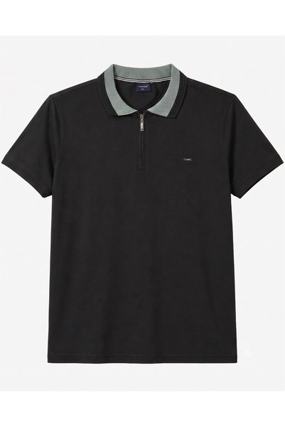 TURHAN TRİKO Black Short Sleeve Polo Collar Men's Plus Size T-Shirt