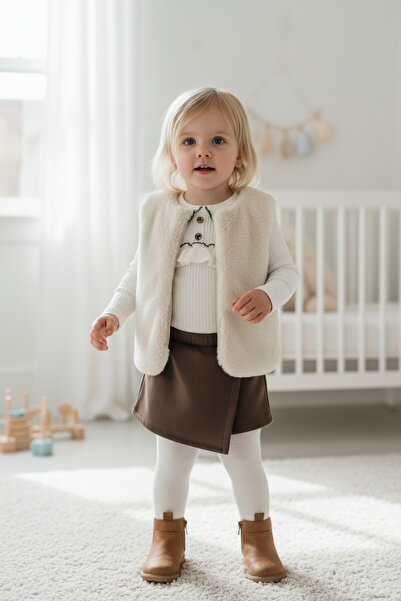 ışık kids Kız Çocuk Krem Peluş Yelekli Bluz ve Etek Takım
