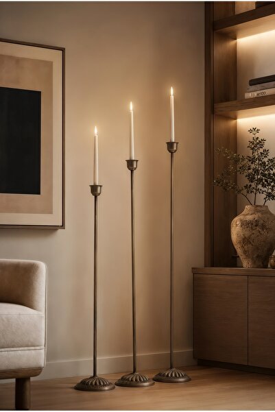 AA HomeLight 3'lü Dekoratif Uzun Yer Şamdanı Seti 90-100-110 cm Metal Mumluk